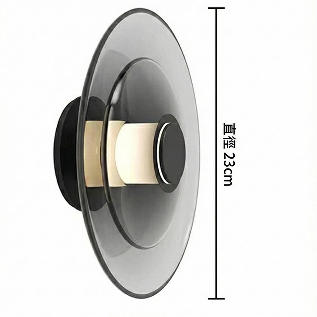 黑色底座煙燻灰玻璃圓形壁燈側面特寫與尺寸標示，現代極簡風格燈具結構圖