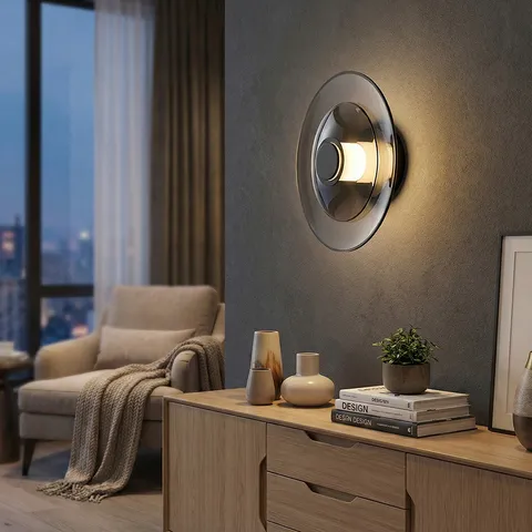 現代輕奢客廳灰色背景牆搭配黑色圓盤壁燈，工業風裝潢設計靈感與光影層次展示