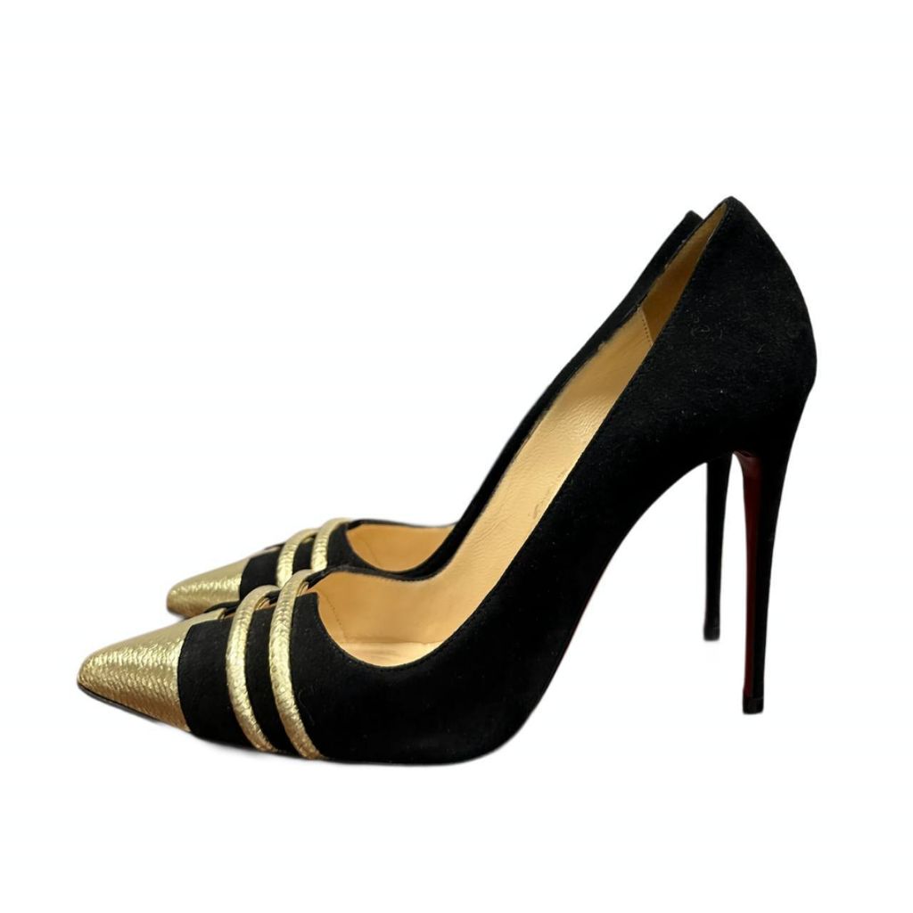 Christian Louboutin Black Gold Suede and Leather Front Double Pump Mint Apparels