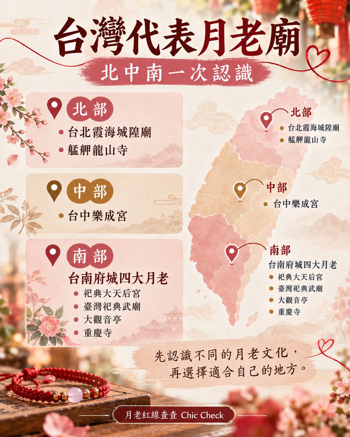 台灣代表月老廟北中南分布：霞海城隍廟、龍山寺、樂成宮與台南四大月老