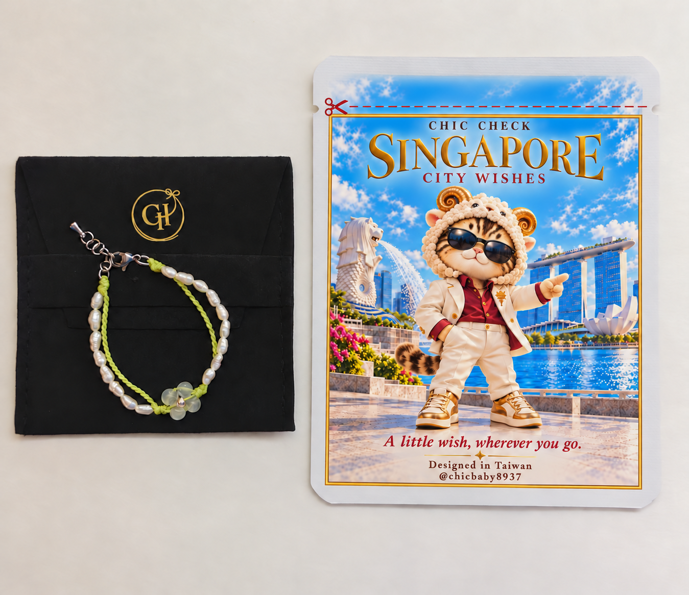 CHIC CHECK手作手链与Singapore City Wishes新加坡城市主题包装搭配示意