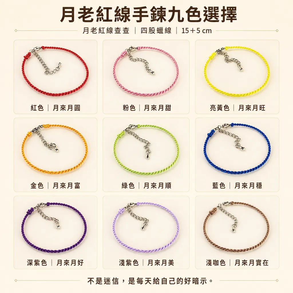 月老紅線查查九色密碼四股蠟線手鍊，九種顏色搭配月來月祝福標語