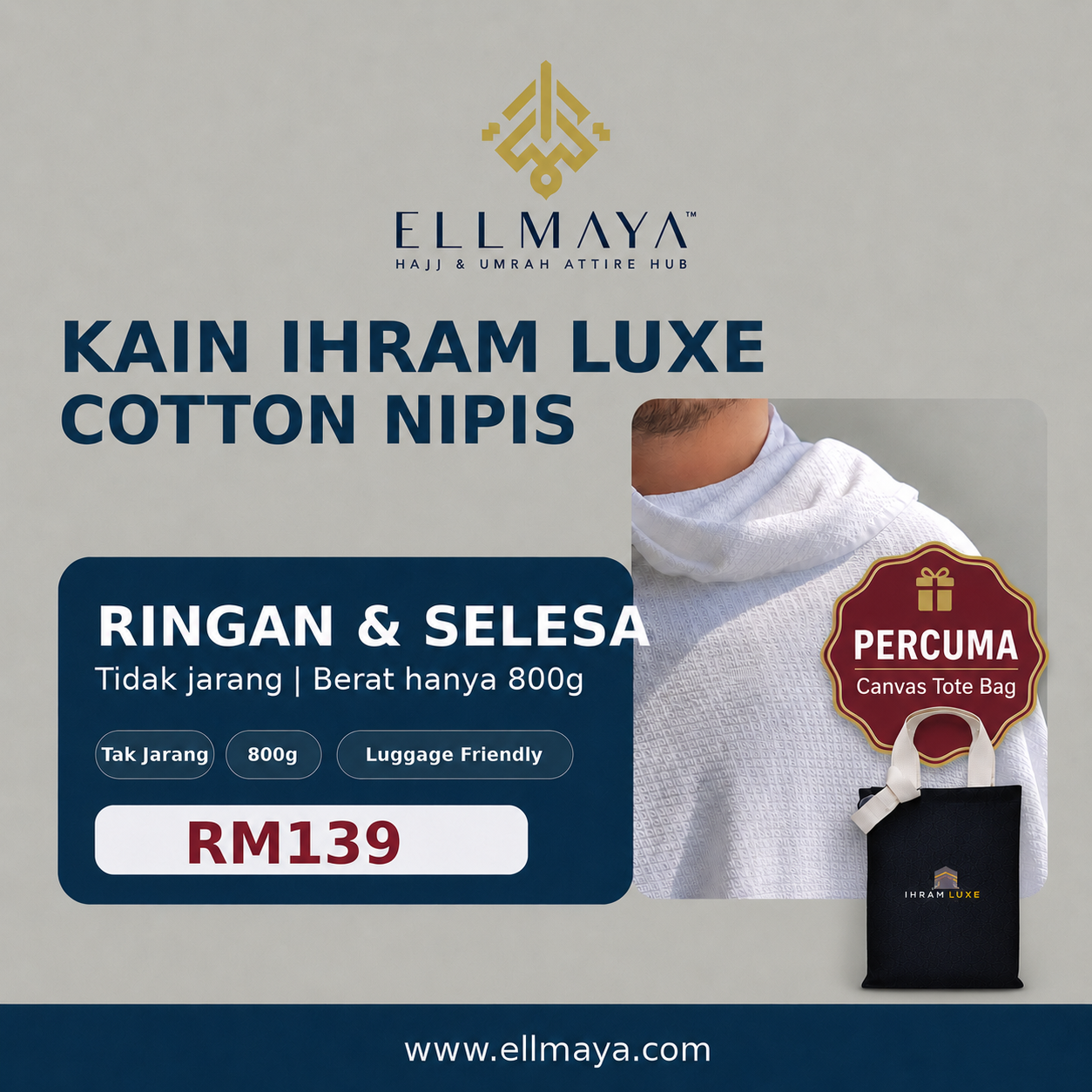 Kain Ihram Lelaki Dewasa Ellmaya Luxe Cotton Nipis Tak Jarang