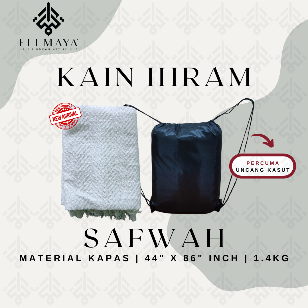 ELLMAYA: Kain Ihram Safwah Cotton Towel Tebal 44" x 86" inch 1.4kg Ihram Musim Sejuk [FREE Uncang Kasut]
