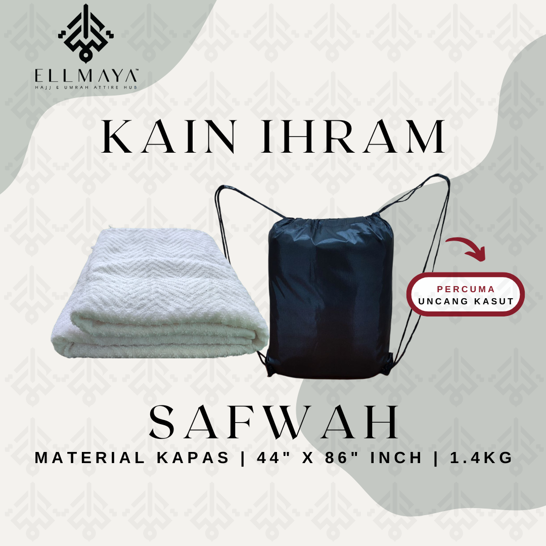 ELLMAYA: Kain Ihram Safwah Cotton Towel Tebal 44" x 86" inch 1.4kg Ihram Musim Sejuk [FREE Uncang Kasut]