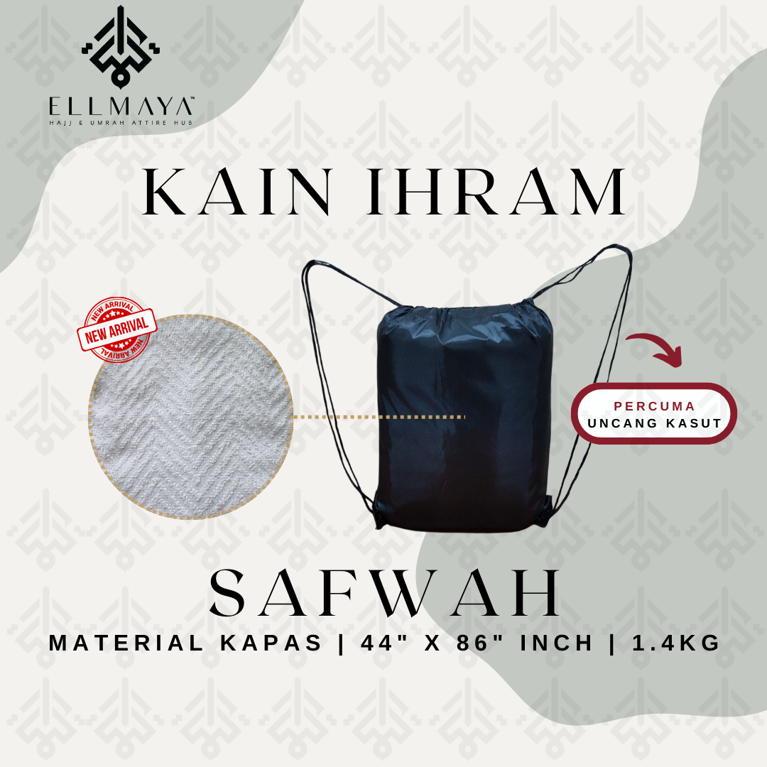 ELLMAYA: Kain Ihram Safwah Cotton Towel Tebal 44" x 86" inch 1.4kg Ihram Musim Sejuk [FREE Uncang Kasut]