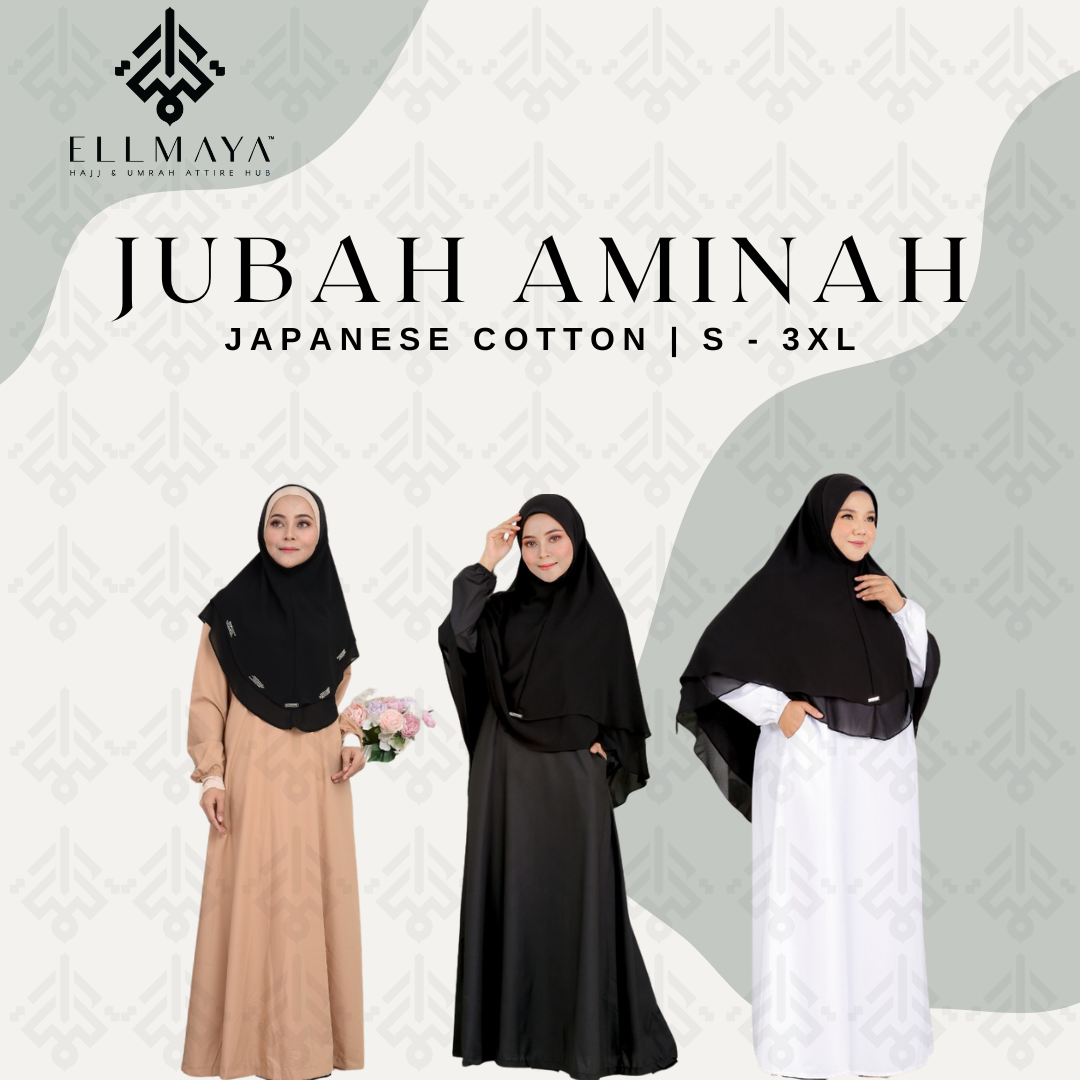 ELLMAYA: Jubah Aminah Japanese Cotton White Black S to 3XL Cotton Sejuk Tidak Mudah Kedut Berpoket