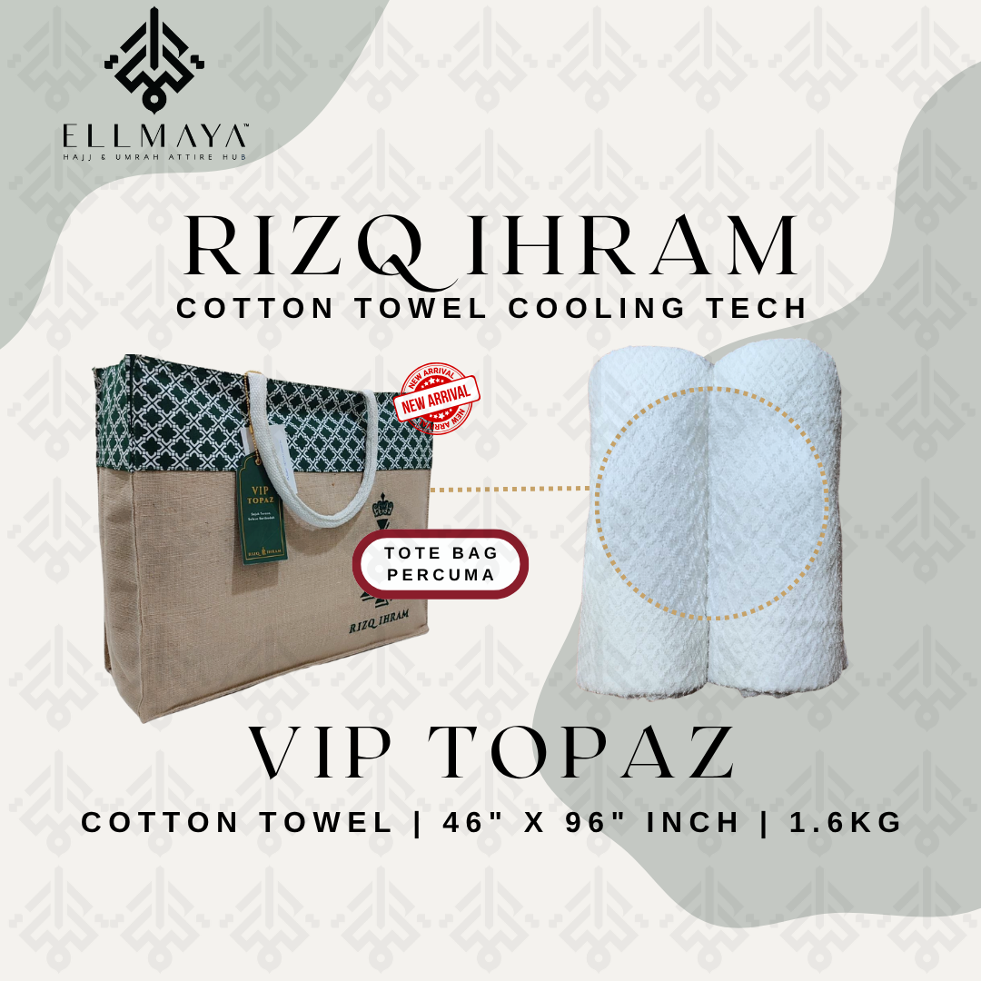 ELLMAYA: Rizq Ihram Topaz 100% Virgin Cotton Premium 46" x 96" inch 1.6kg Towel Ihram Thick & Breathable