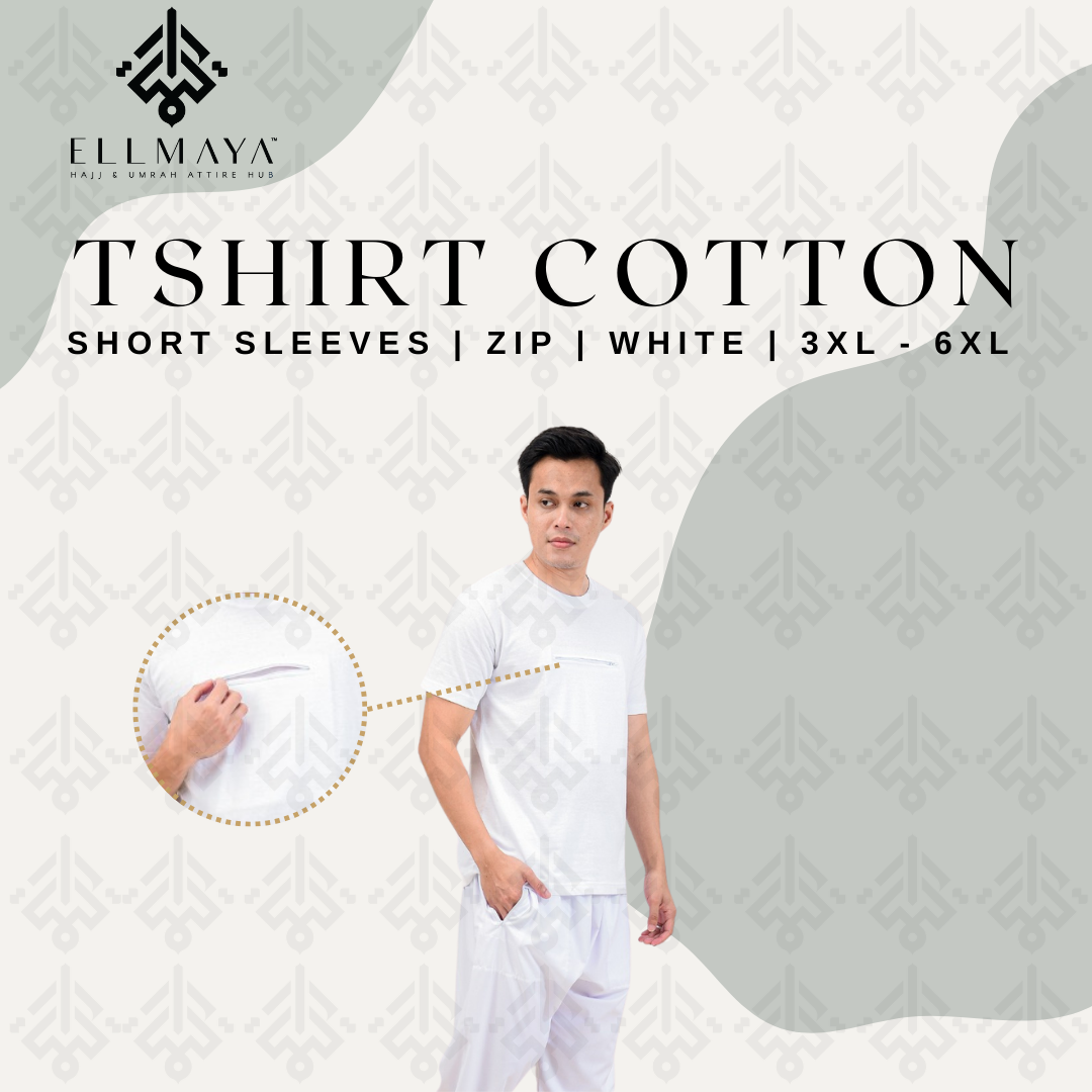 ELLMAYA: T-shirt Cotton Short Sleeves Zip White 3XL 4XL 5XL 6XL Plus Size T-shirt Umrah Haji Harian