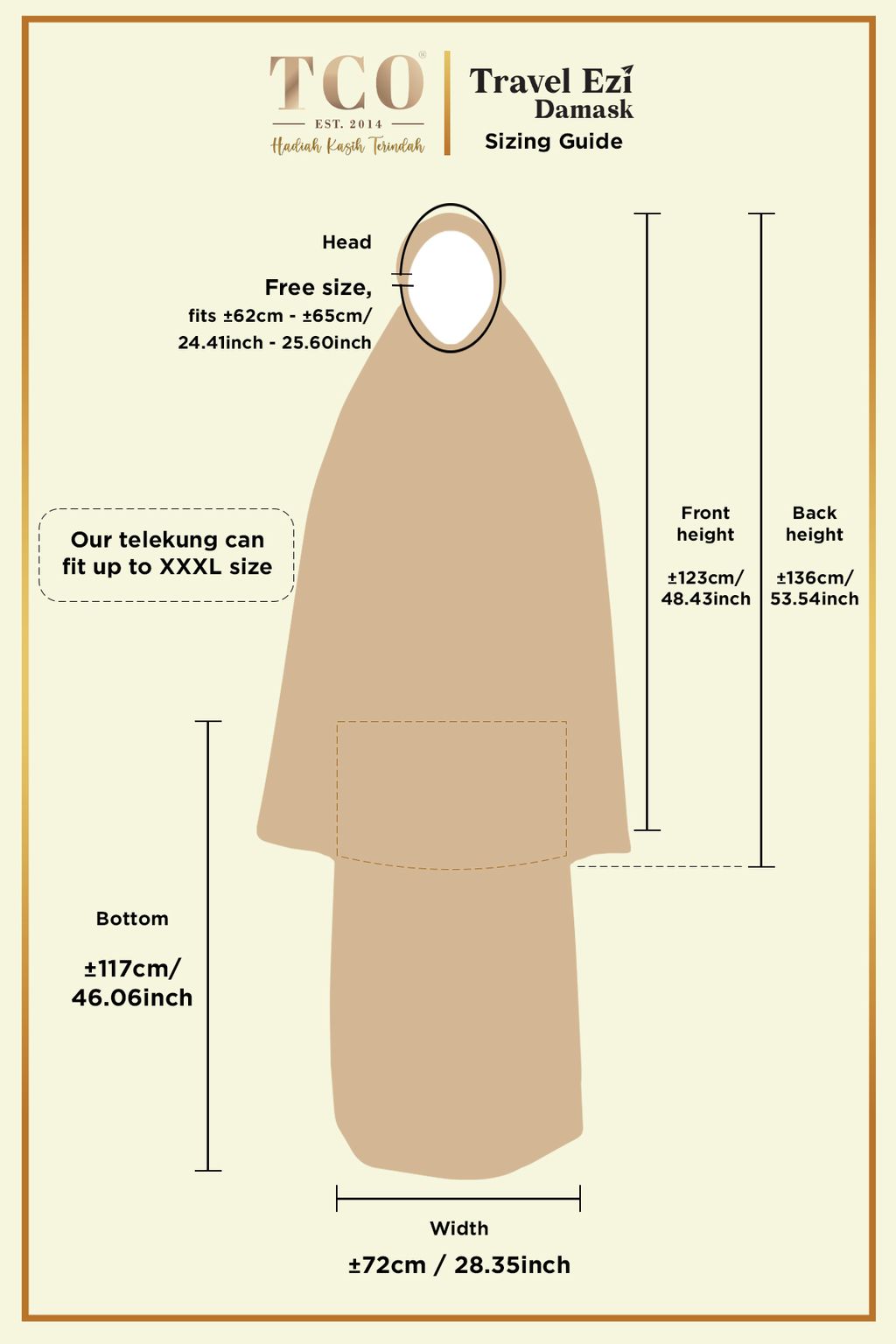 Telekung Travel Ezi Damask by TCO - Sizing Guide