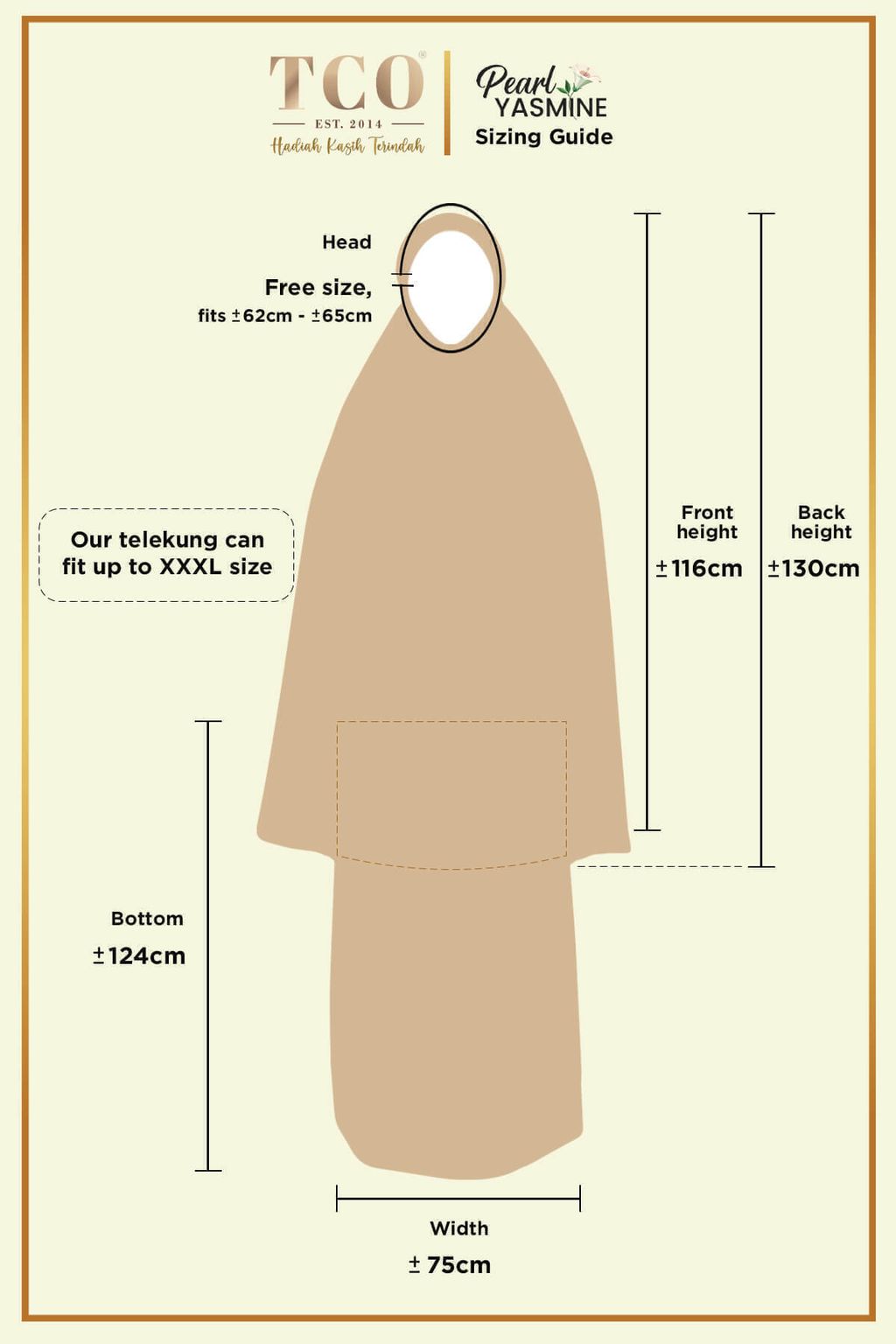 Telekung Pearl Yasmine by TCO - Sizing Guide