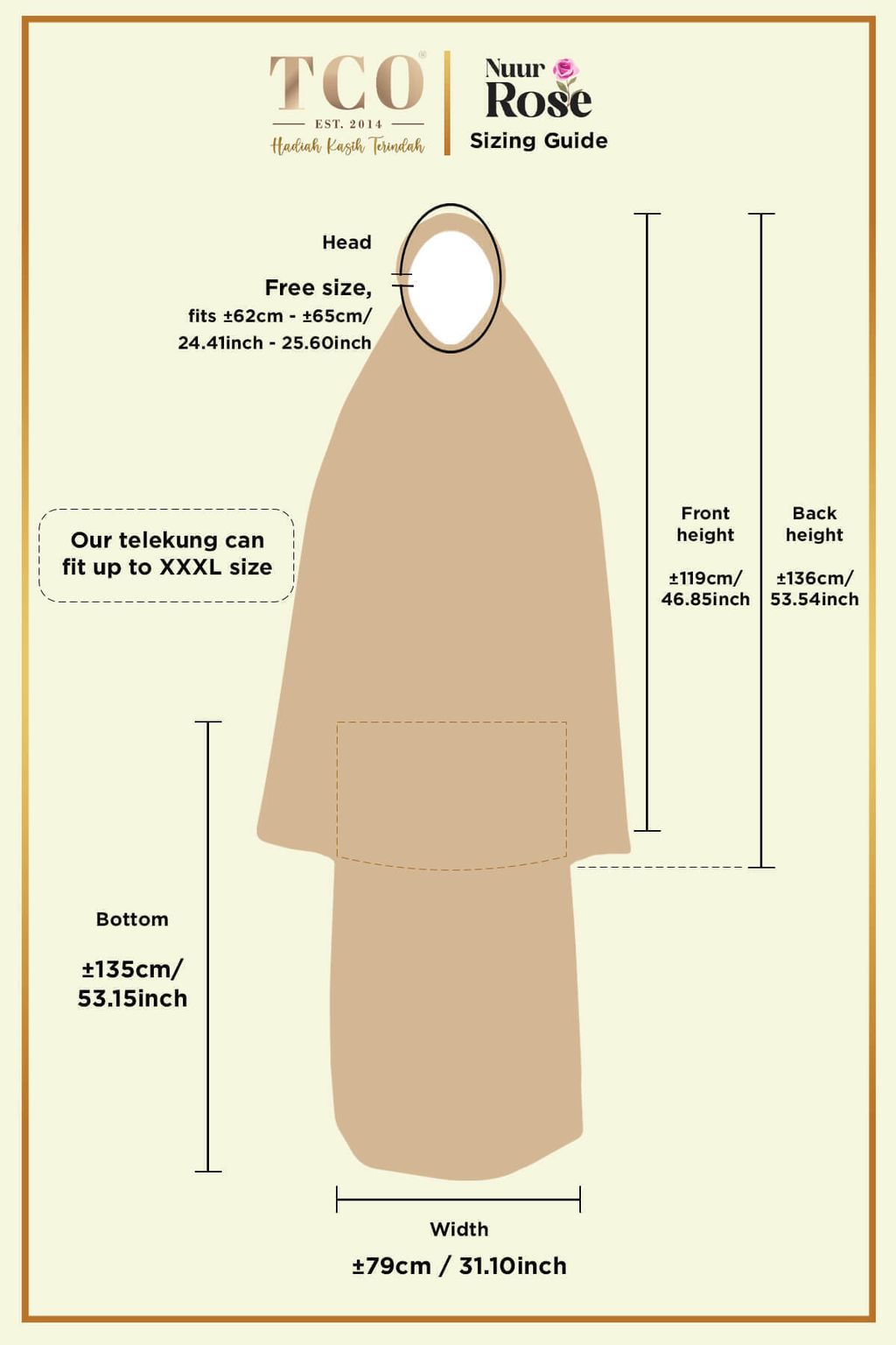 Telekung Nuur Rose by TCO - Sizing Guide