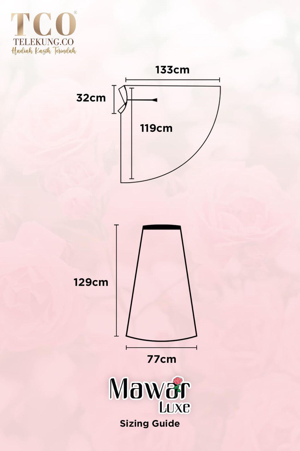 Telekung Mawar Luxe by TCO - Sizing guide