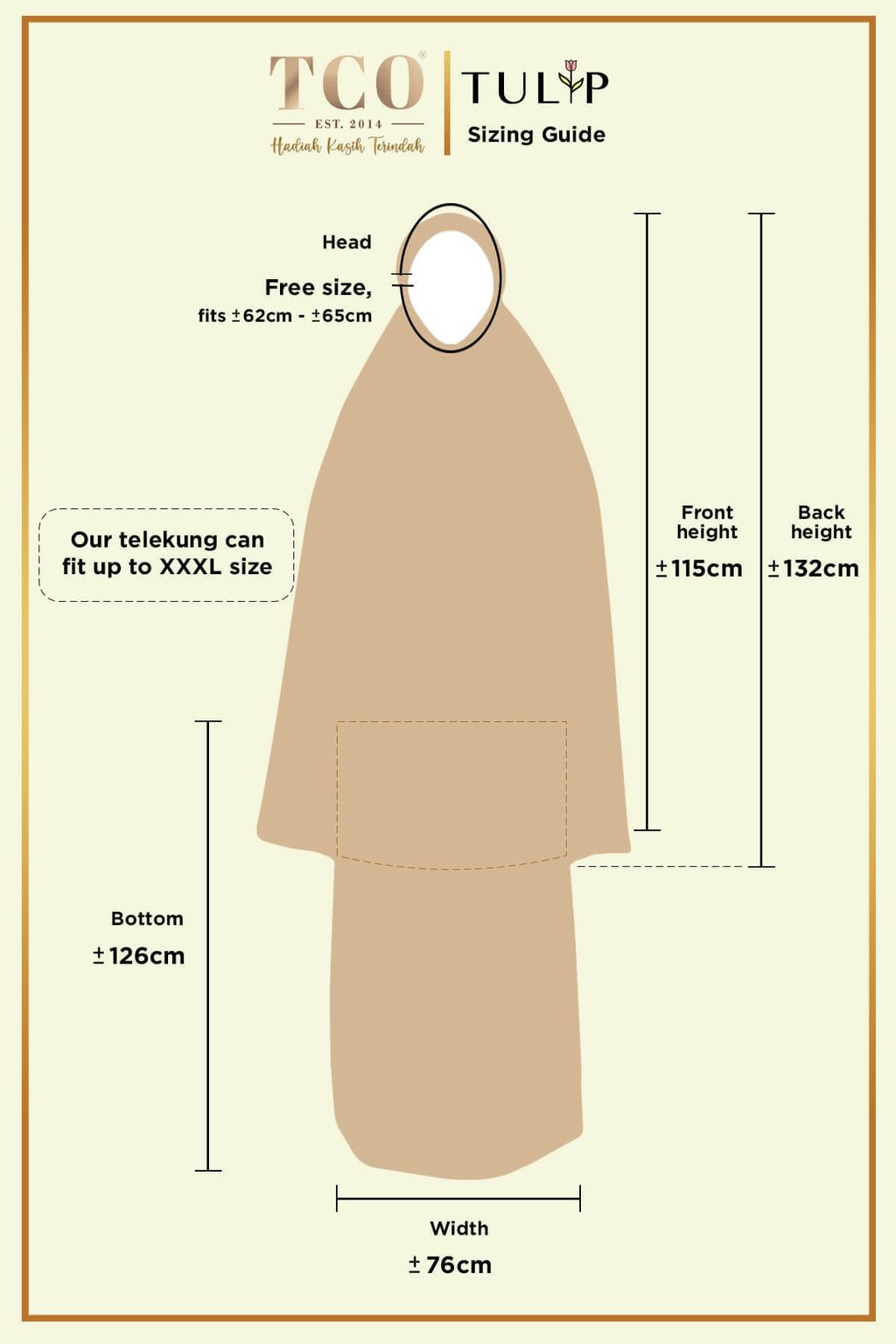 Telekung Tulip by TCO - Sizing guide