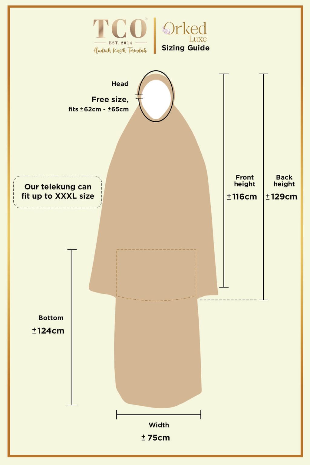 Telekung Orked Luxe by TCO - Sizing guide