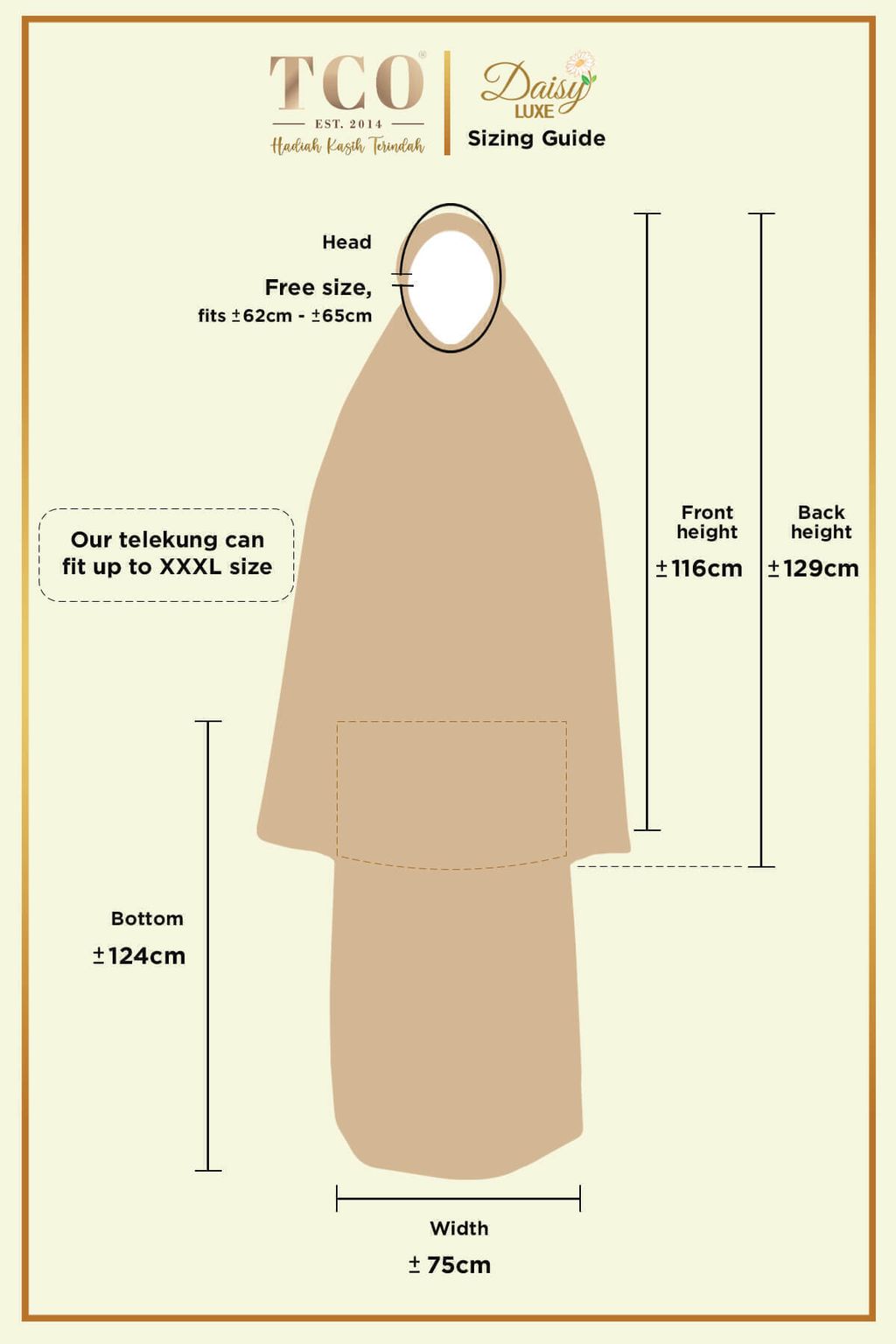 Telekung Daisy Luxe by TCO - Sizing Guide