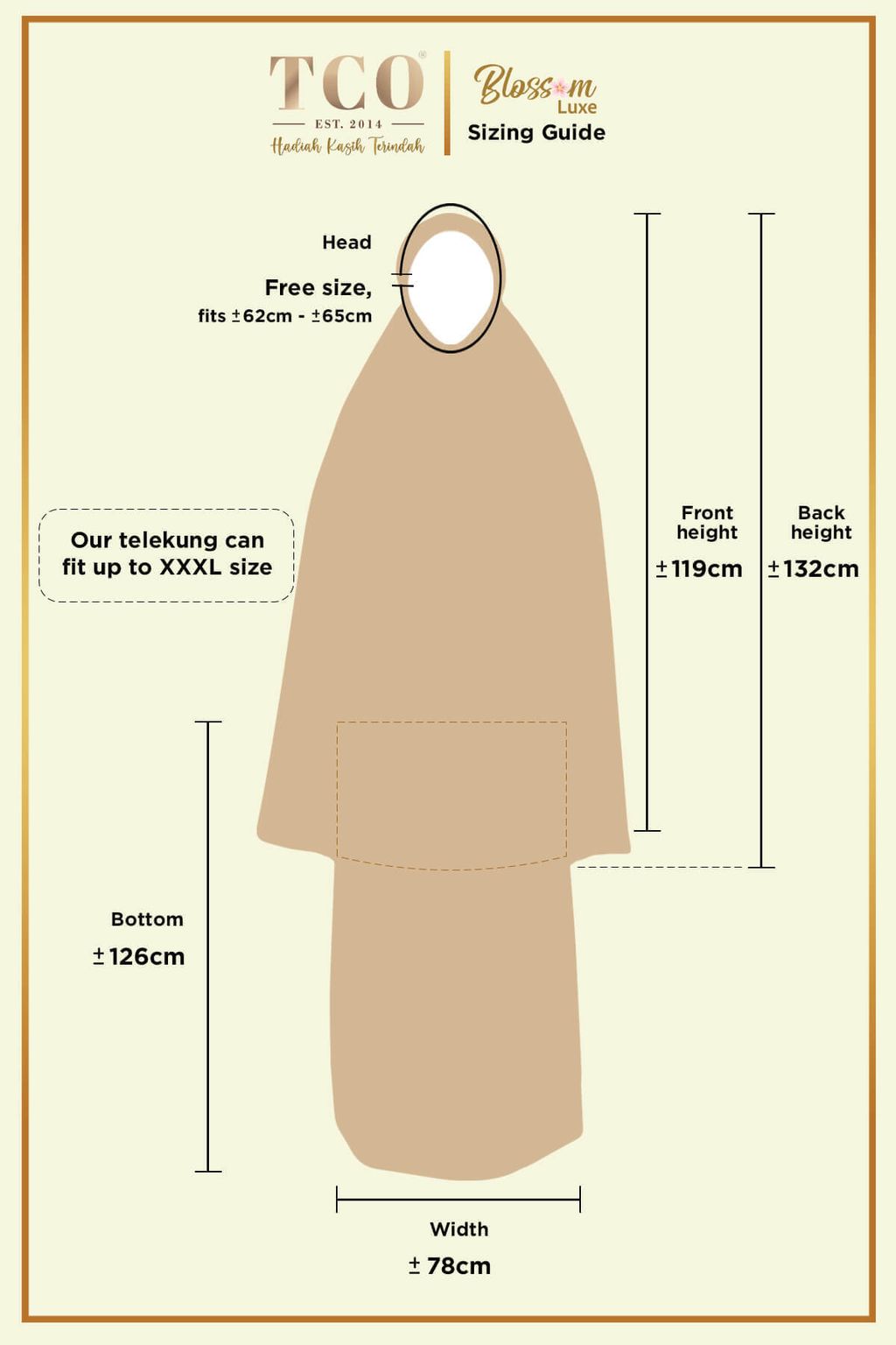 Telekung Blossom Luxe by TCO - Sizing Guide