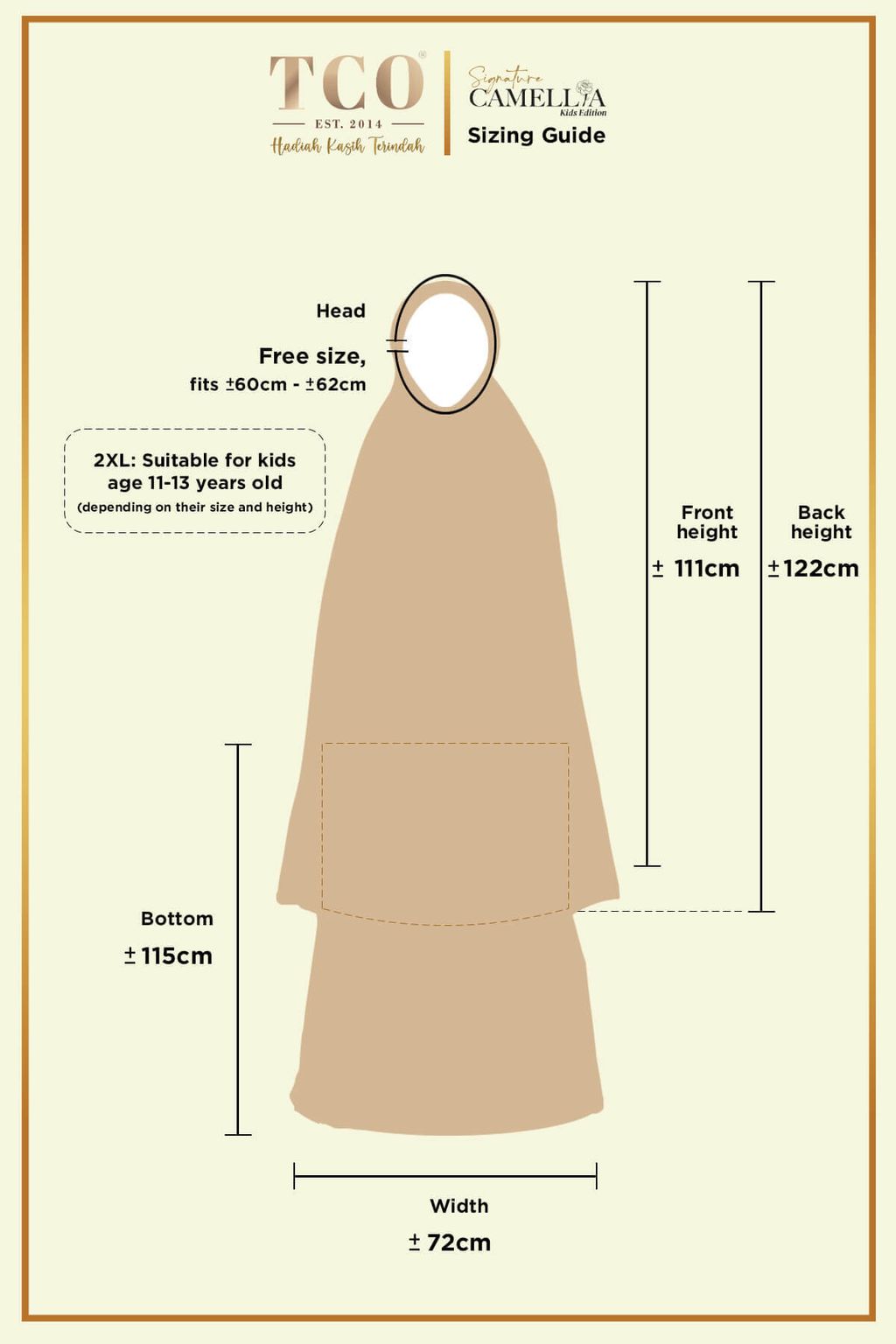 Telekung Signature Camellia Kids Size 2XL by TCO - Sizing Guide