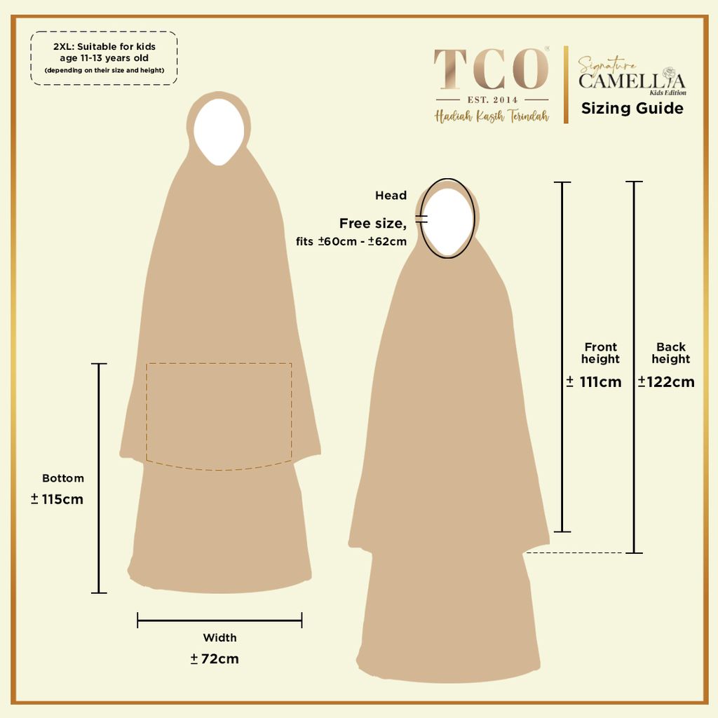 Telekung Signature Camellia Kids Size 2XL by TCO - Sizing Guide IG Post