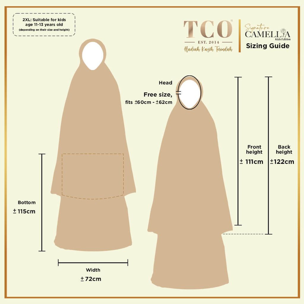 Telekung Signature Camellia Kids Size 2XL by TCO - Sizing Guide IG Post