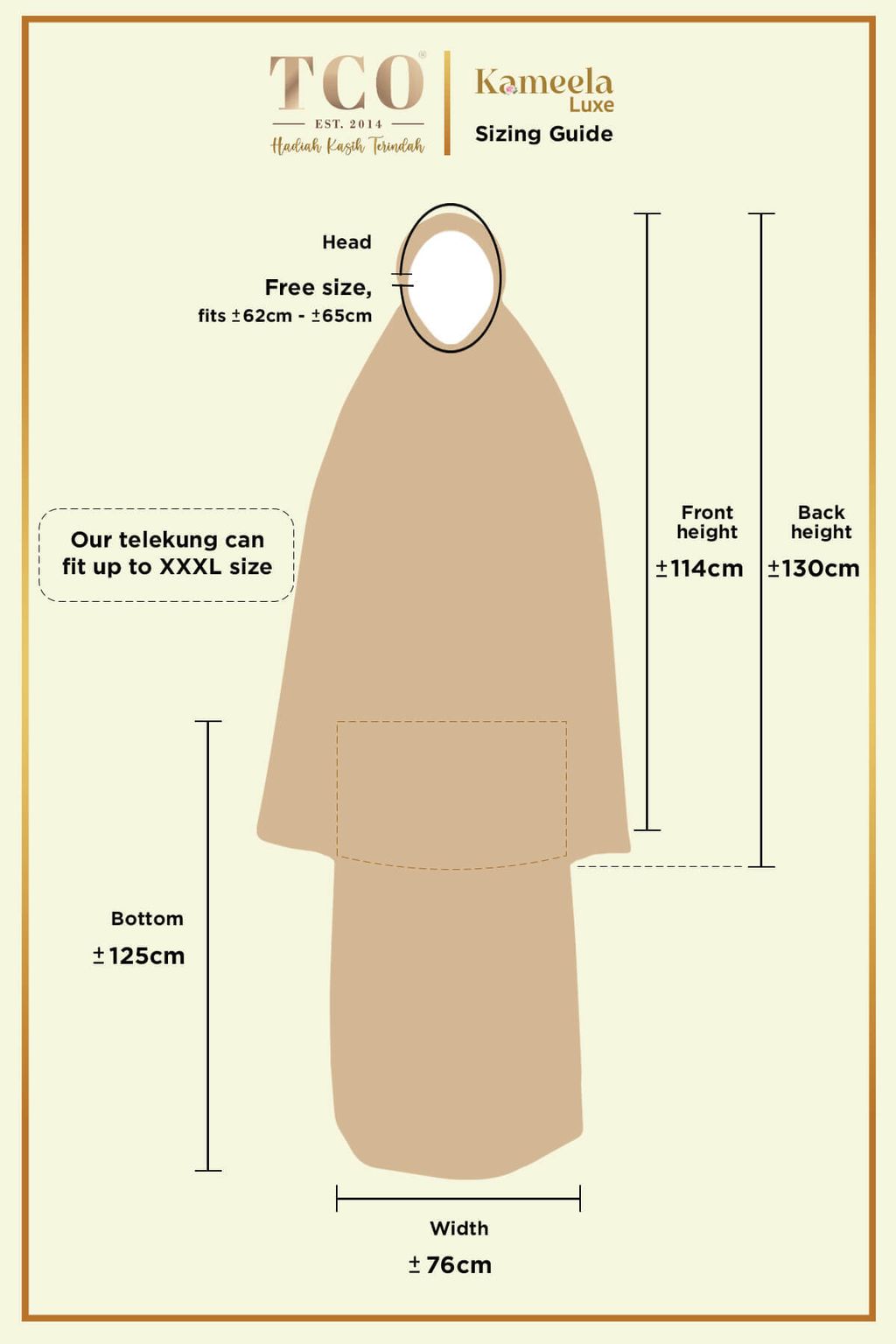Telekung Kameela Luxe by TCO - Sizing Guide