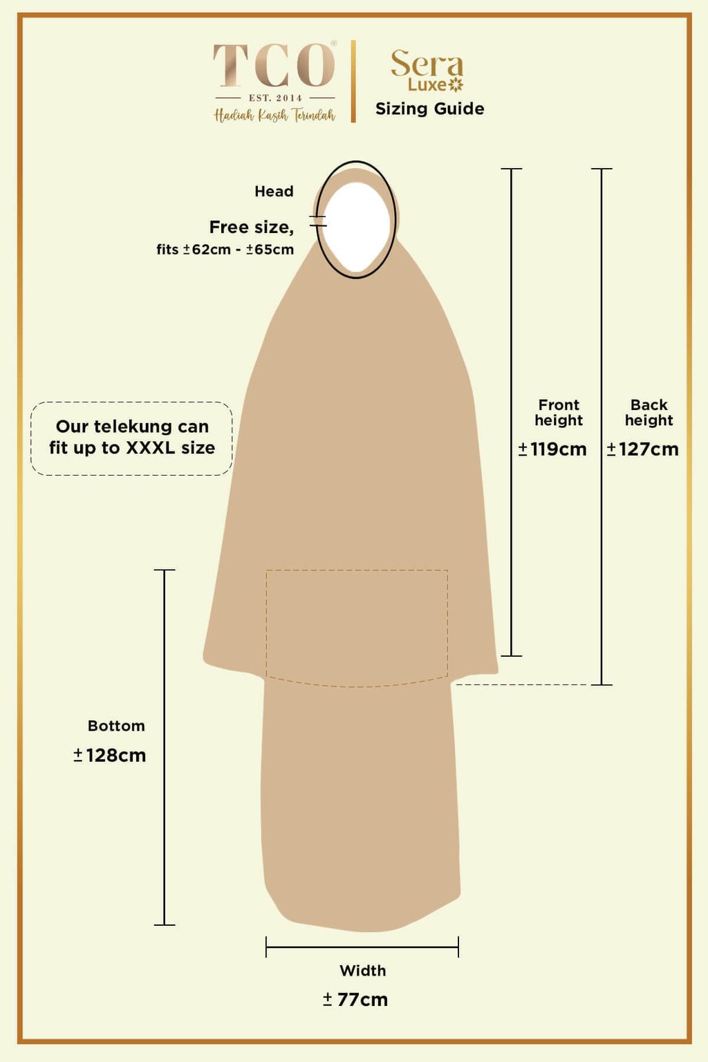 Telekung Sera Luxe by TCO - Sizing Guide