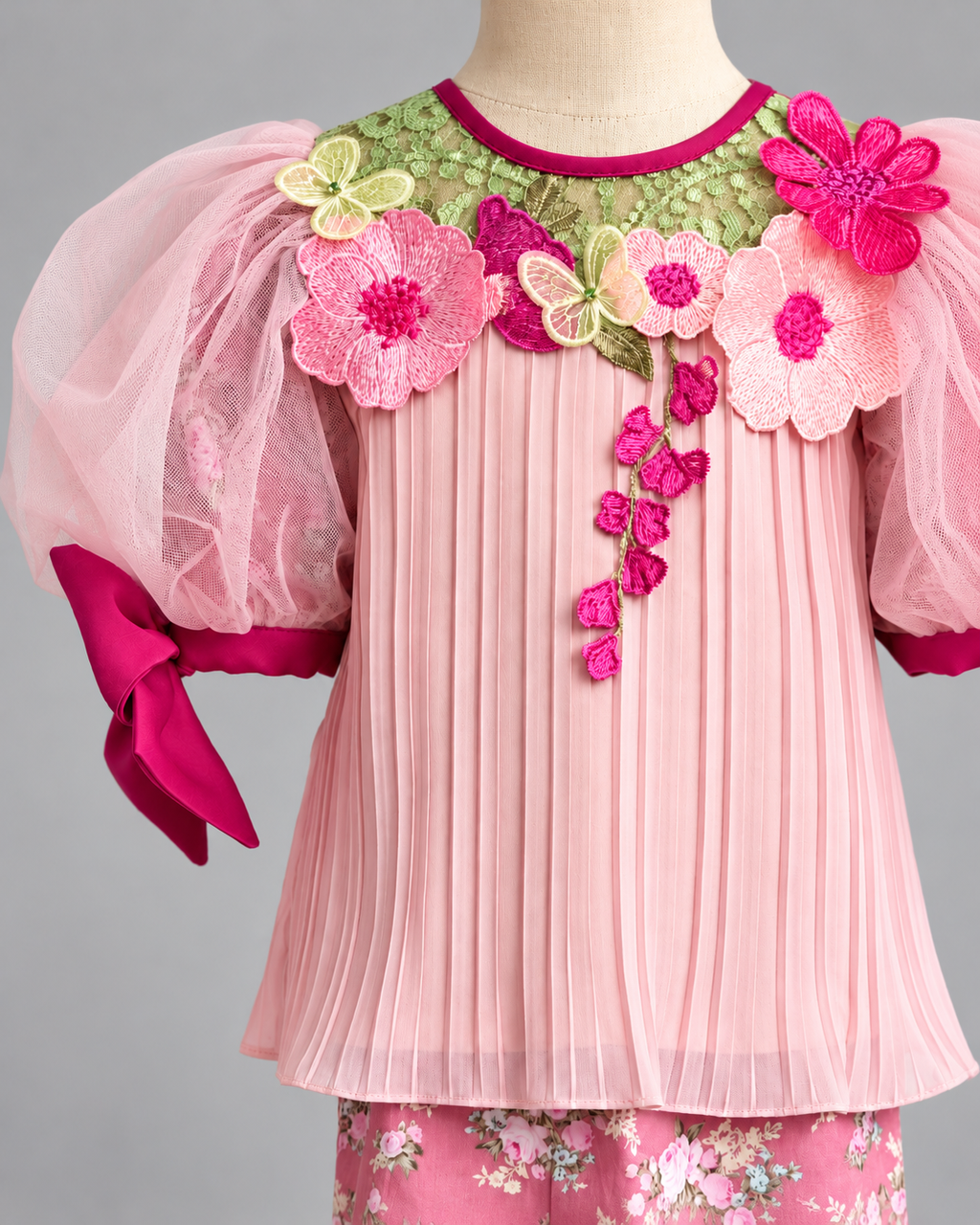 Floral Fuchsia-Trimmed Pleated Dress