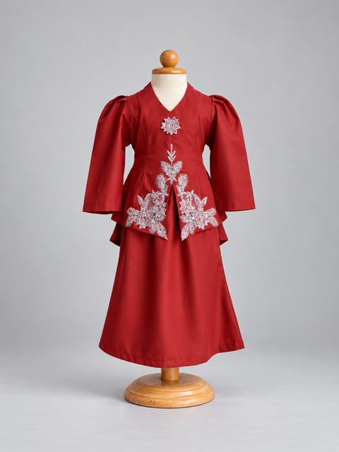 Maroon Embroidered Dress on Wooden Mannequin