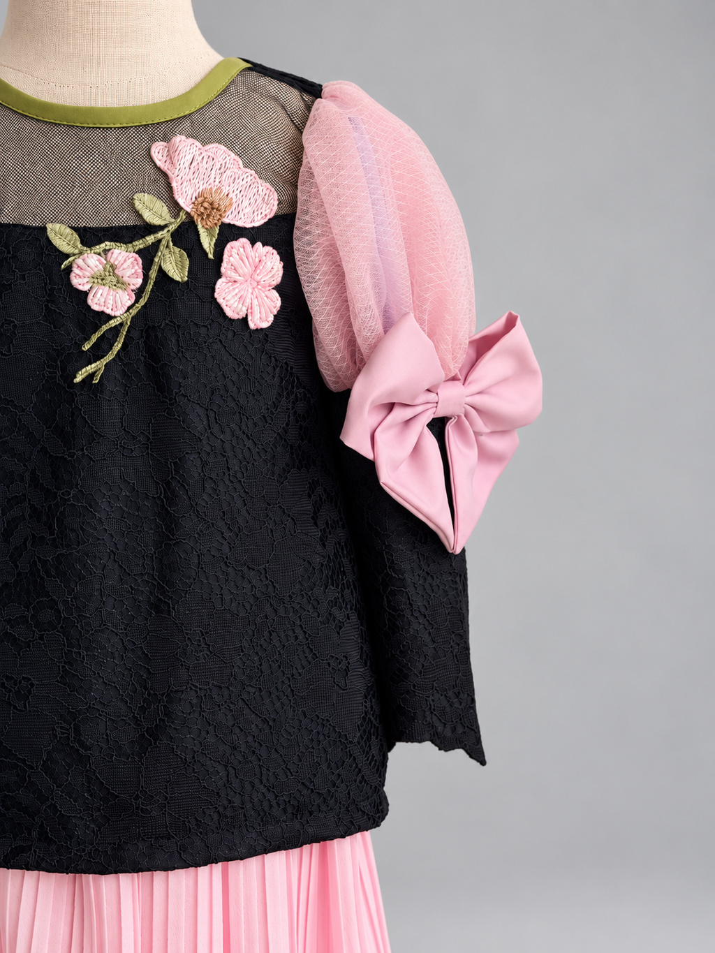 Elegant Black Lace Dress with Pink Bow