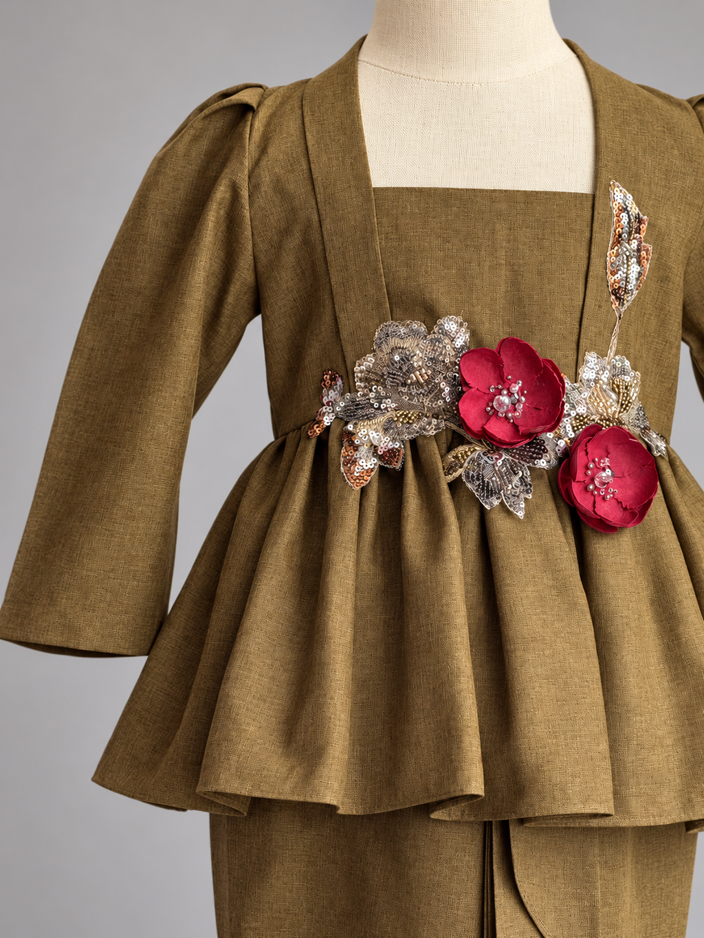 Olive-Brown Couture Dress with Floral Embellishment