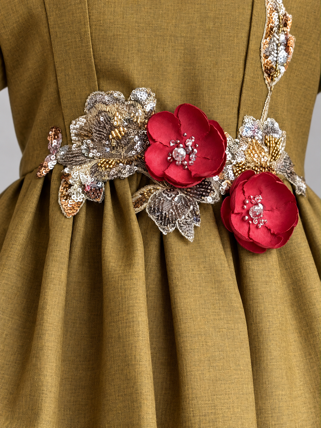 Embellished Olive Gown Waist with Red Flowers