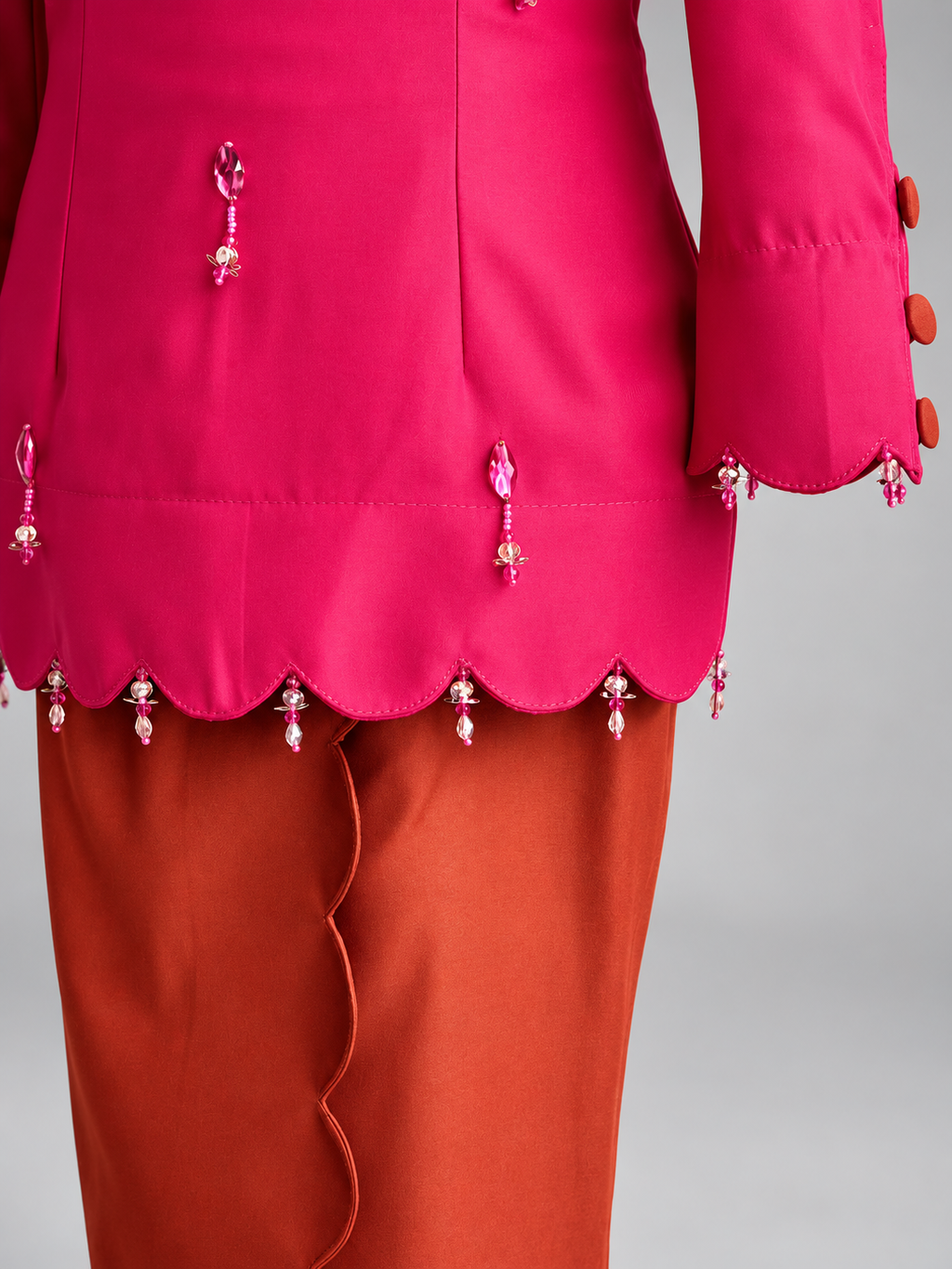 Fuchsia Beaded Tunic and Rust Skirt