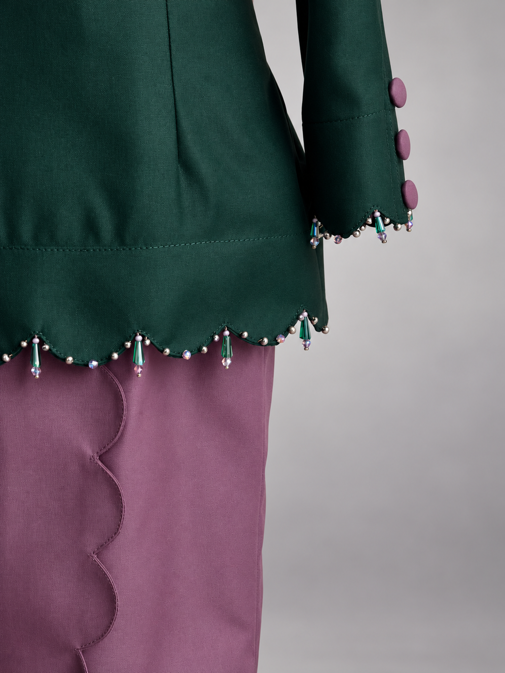 Emerald Beaded Jacket and Lilac Skirt