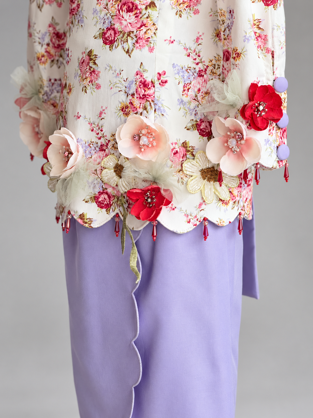 Floral Embellished Blouse and Lilac Skirt