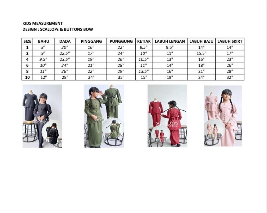 size chart buttons bow