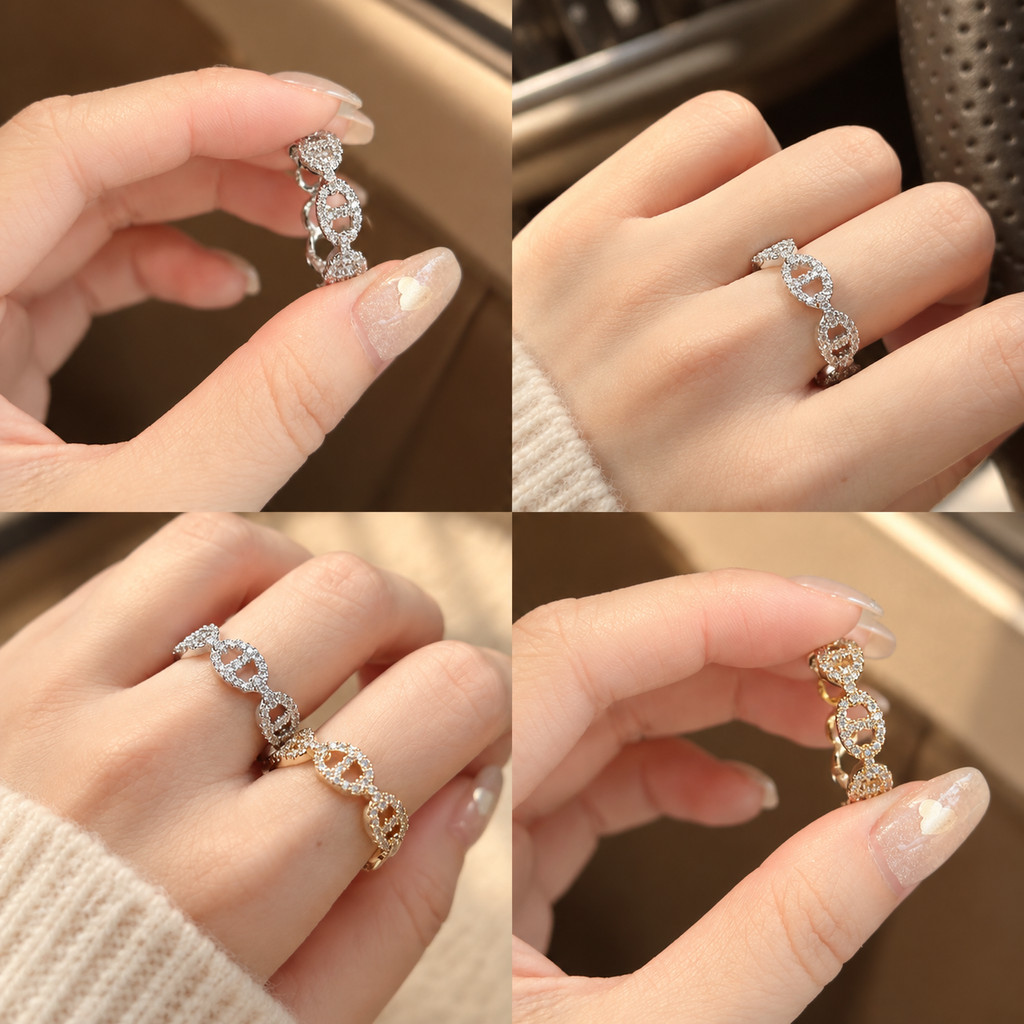 暖金光影心鏈戒指拼貼展人體藝術