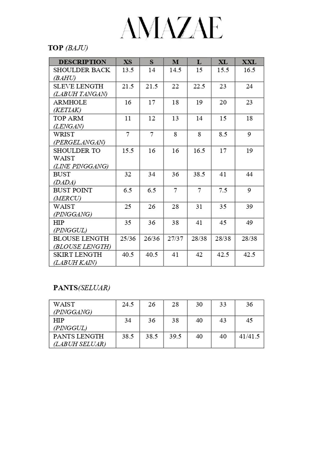 2025SIZING CHART 2024 XS-XL BLOUSE PANTS_page-0001
