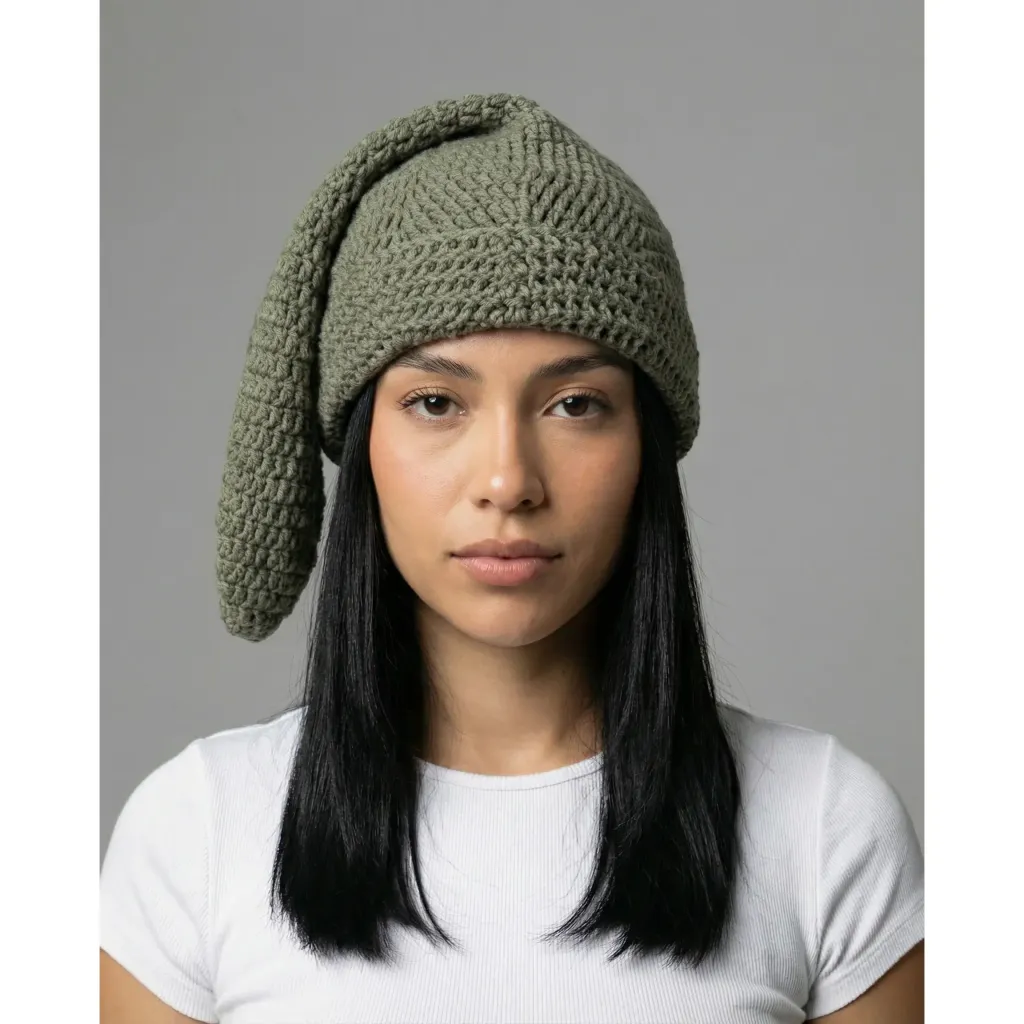 HAVETHISMODELWEARINGTHISArkyvecrochethatbuttiscalledasockhatanditssupposedtohangtothesidebuttheparthangingshouldntgopastthenoseofthemodel_makesureitisntlongerthanhangingpa_7