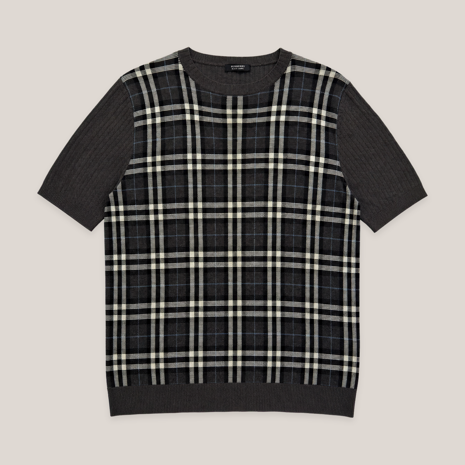 BURBERRY BLACK LABEL GREY CHECK PANEL SHORT SLEEVE KNIT TOP – 2nd
