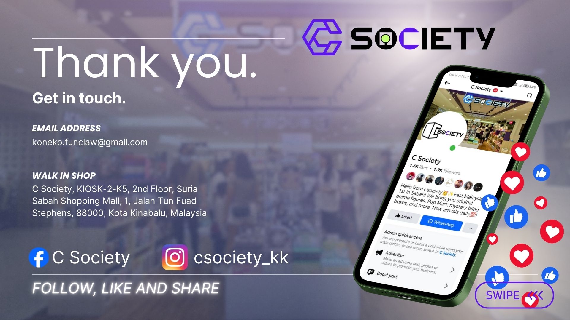 Follow, Like & Share | C Society