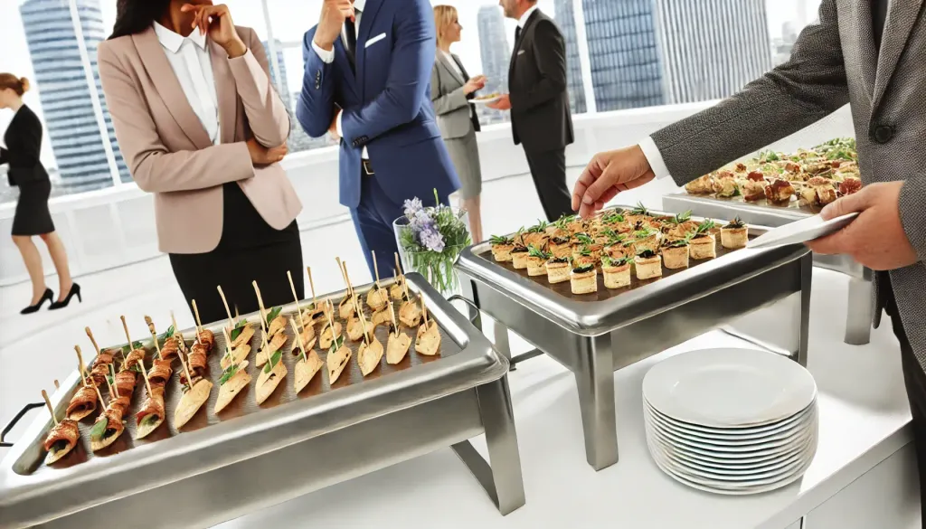 DALL·E 2024-09-10 20.16.52 - Create a corporate catering image featuring a sophisticated buffet setup in a modern office environment. Include elegant trays of gourmet food such as