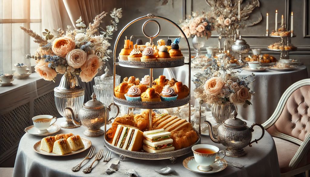 DALL·E 2024-09-10 20.27.36 - Create a hi-tea catering image featuring an elegant table spread with tiered trays of assorted pastries, finger sandwiches, and teacups. Include decor