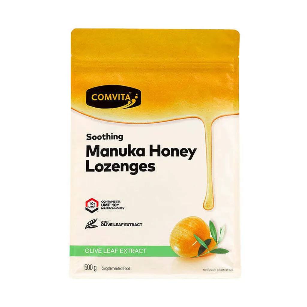 Comvita Manuka Honey Lozenges UMF10+ 麥蘆卡蜂蜜蜂膠潤喉糖 500g，含 UMF10+ 麥蘆卡蜂蜜與橄欖葉萃取物，舒緩喉嚨不適，支持呼吸道健康