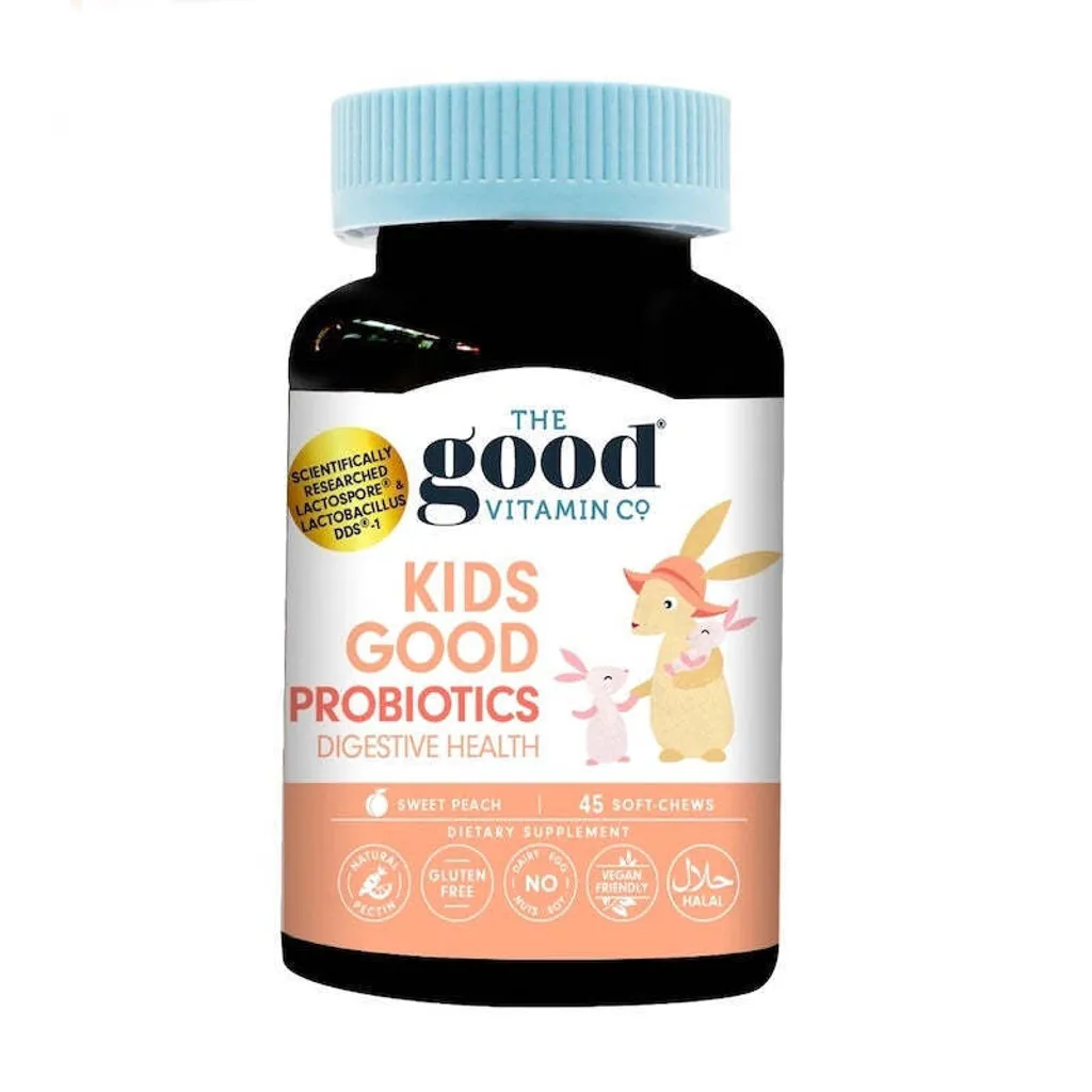 The Good Vitamin Co. 兒童益生菌軟糖，45 粒，含 LactoSpore® + DDS®-1 乳酸桿菌與益生元，幫助維持腸道健康，素食友好，甜桃口味。