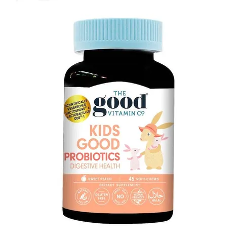 The Good Vitamin Co. 兒童益生菌軟糖，45 粒，含 LactoSpore® + DDS®-1 乳酸桿菌與益生元，幫助維持腸道健康，素食友好，甜桃口味。