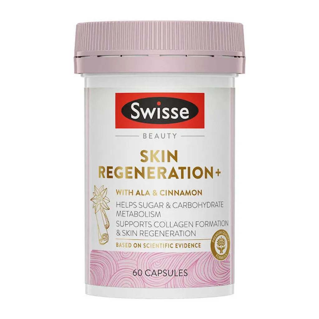 Swisse Beauty Skin Regeneration+ 金裝抗糖煥膚片，添加肉桂萃取、鋅、硫辛酸與維生素 A & C，支持糖代謝、膠原蛋白生成與肌膚修復，維持健康光澤