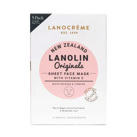 Lanocreme 維他命E保濕緊緻面膜 5片入，深層補水，含透明質酸與膠原蛋白，提升肌膚彈性與光澤