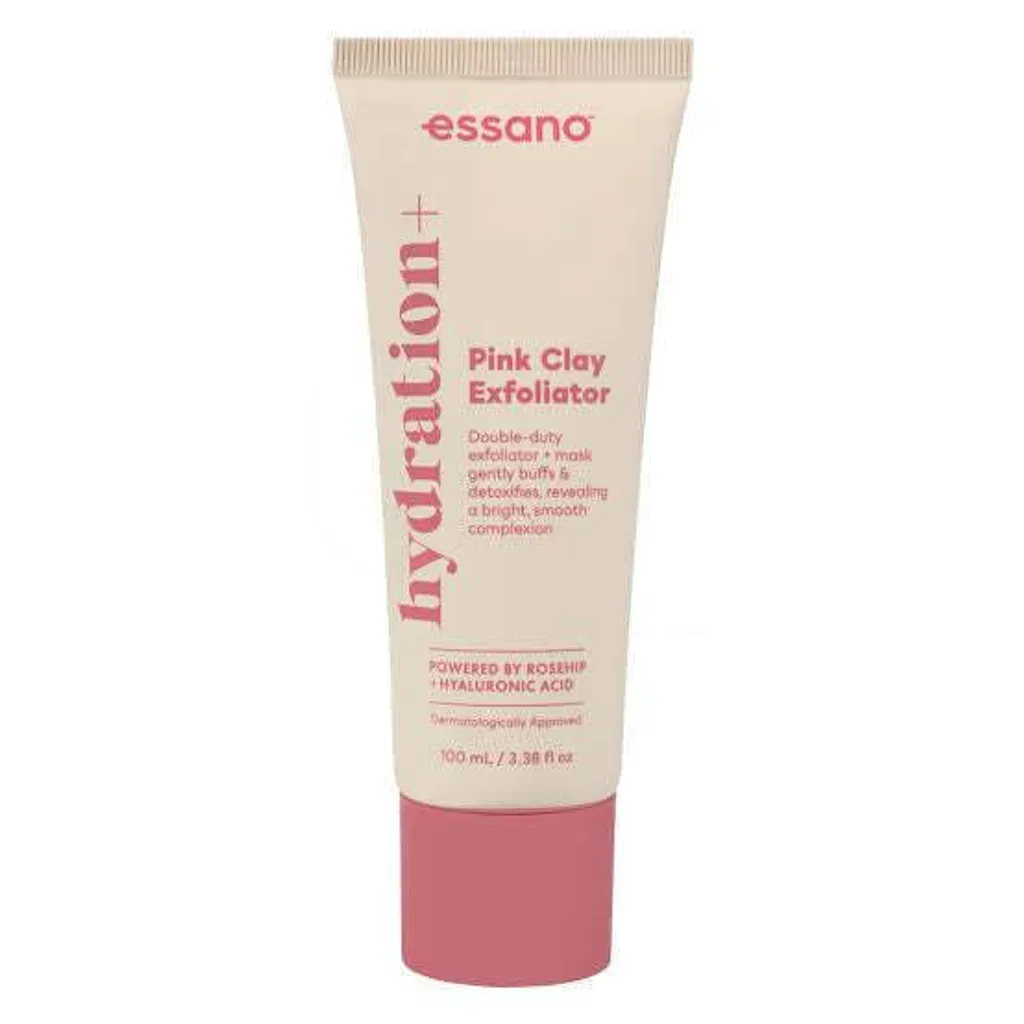 Essano Pink Clay Exfoliator 玫瑰果溫和去角質霜，雙重去角質與排毒功效，含天然粉紅黏土、玻尿酸與玫瑰果微粒，幫助肌膚亮白光滑。