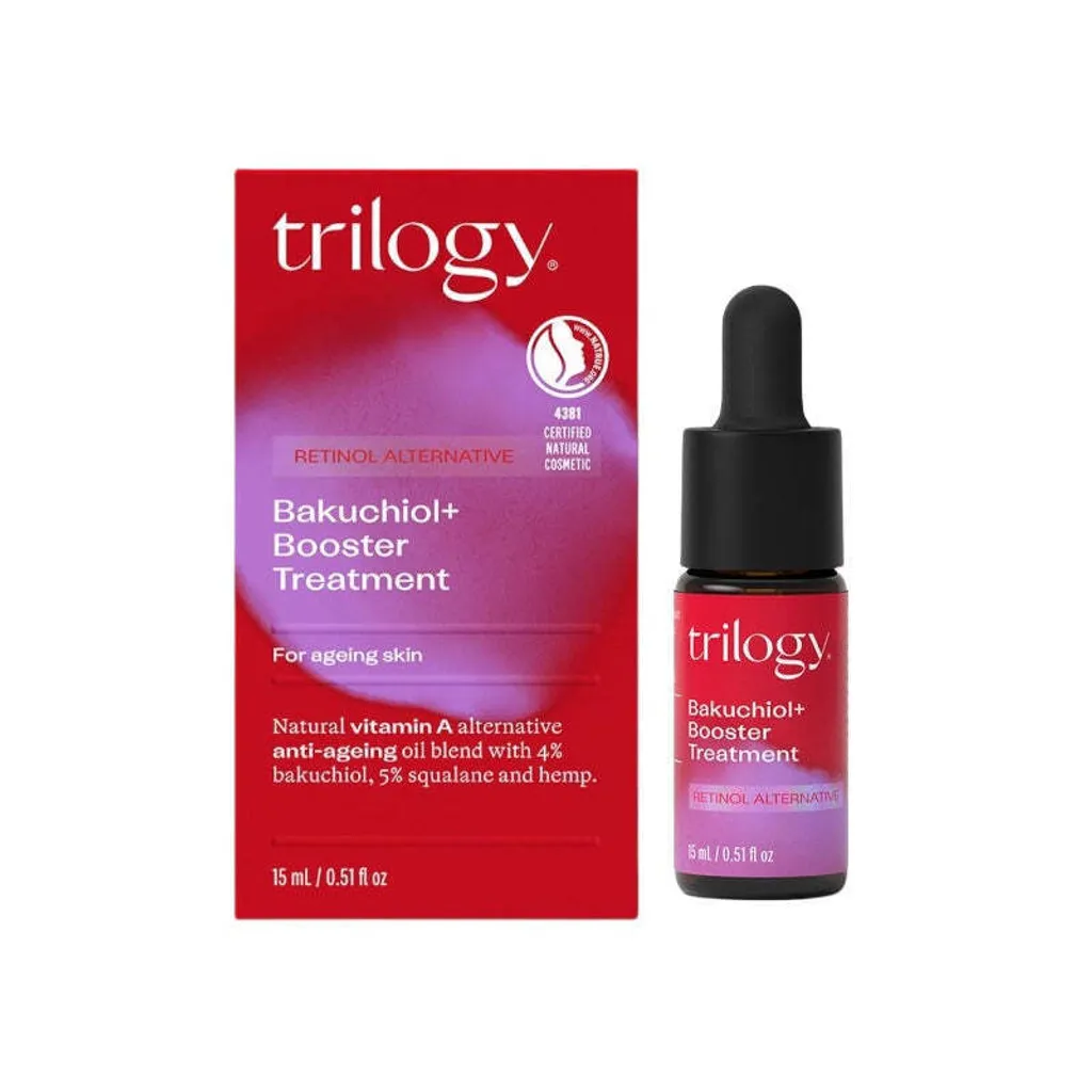 Trilogy Bakuchiol Booster Treatment 新生小紫瓶精華，含 4% 補骨脂酚，搭配角鯊烷、大麻籽油與玫瑰果籽油，提供天然抗老修護，改善細紋、暗沉與乾燥，使肌膚更加透亮細緻。