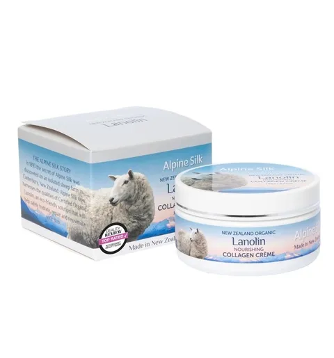 Alpine Silk Lanolin Collagen Cream 紐西蘭有機羊毛脂膠原蛋白霜 100g，深層保濕、抗皺修護，富含羊毛脂、膠原蛋白與維生素 E，提供肌膚彈性與水潤光澤